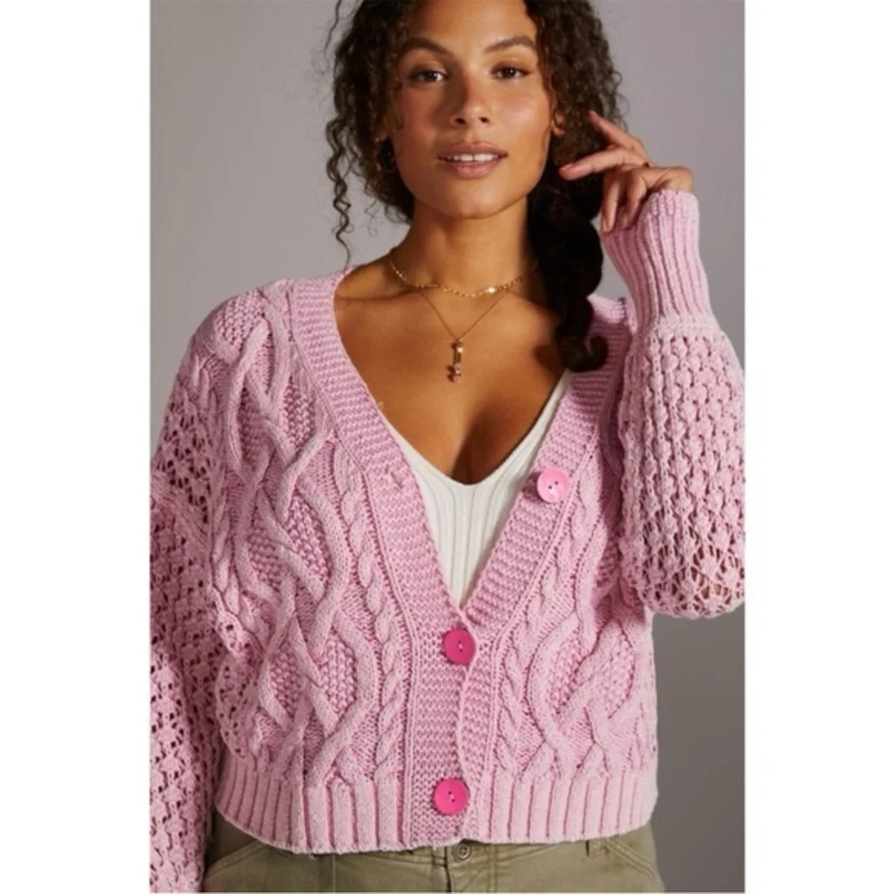Anthropologie. Pilcro Cable Knit Cropped Cardigan. Vintage Pink. Size Small.